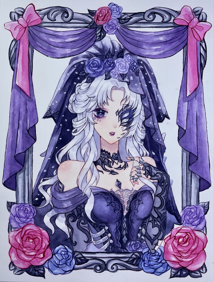 1girl, bare_shoulders, black_collar, black_veil, blue-eyes_white_dragon, blue_dress, blue_flower, blue_rose