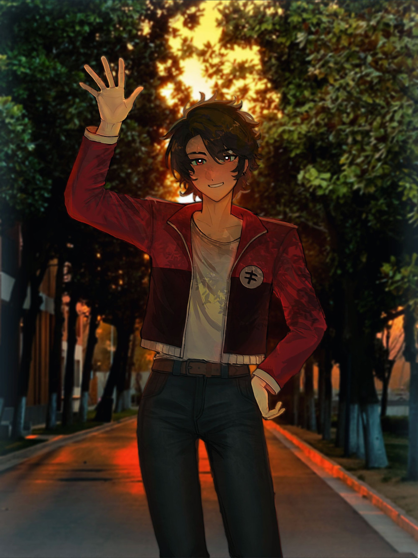 1boy, absurdres, animification, arm_up, bandaid, bandaid_on_head, belt, black_pants, brown_belt, brown_hair, chinese_commentary, commentary_request, cowboy_shot, denim, earrings, full_body, grin, hand_on_own_hip, highres, jacket, jeans, jewelry, kai_(ninjago), looking_at_viewer, male_focus, ninjago, open_clothes, open_shirt, outdoors, pants, photo_background, red_eyes, red_jacket, scar, scar_across_eye, scar_on_face, shirt, short_hair, smile, solo, standing, the_lego_group, the_ninjago_movie, waving, white_shirt, xinjinjumin8851640