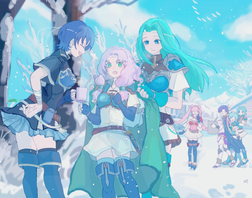 6+girls, aqua_hair, armor, bare_tree, blanket, blue_eyes, blue_gloves, blue_hair