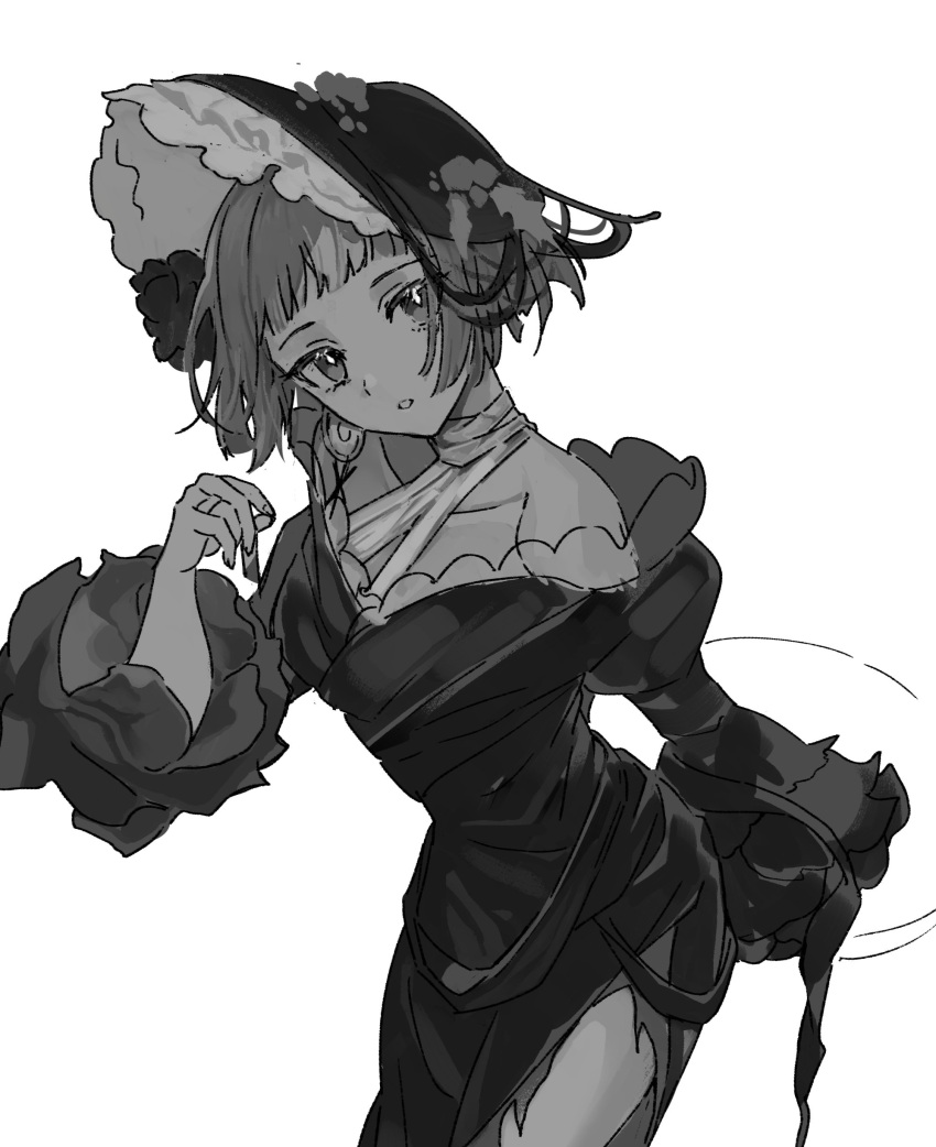 1girl, absurdres, azumame_tetora, bare_shoulders, blunt_bangs, bob_cut, commentary_request, cowboy_shot, dress, greyscale, hand_up, hat, highres, juliet_sleeves, leaning_forward, long_sleeves, looking_at_viewer, mercuria_(reverse:1999), monochrome, off-shoulder_dress, off_shoulder, official_alternate_costume, parted_lips, puffy_sleeves, reverse:1999, short_hair, side_slit, solo, white_background