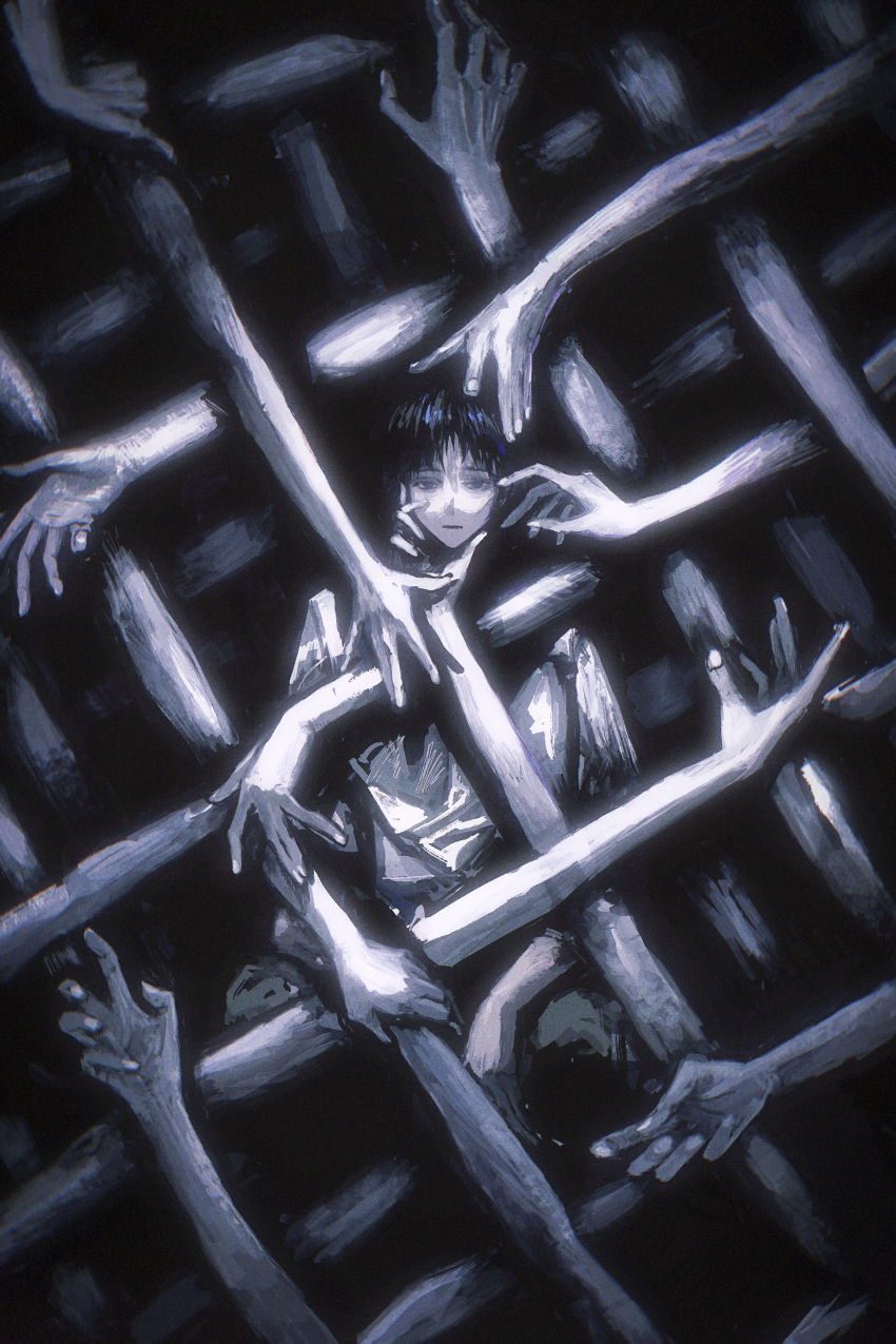 1boy, absurdres, black_background, body_horror, chinese_commentary, closed_mouth, commentary_request, disembodied_arm