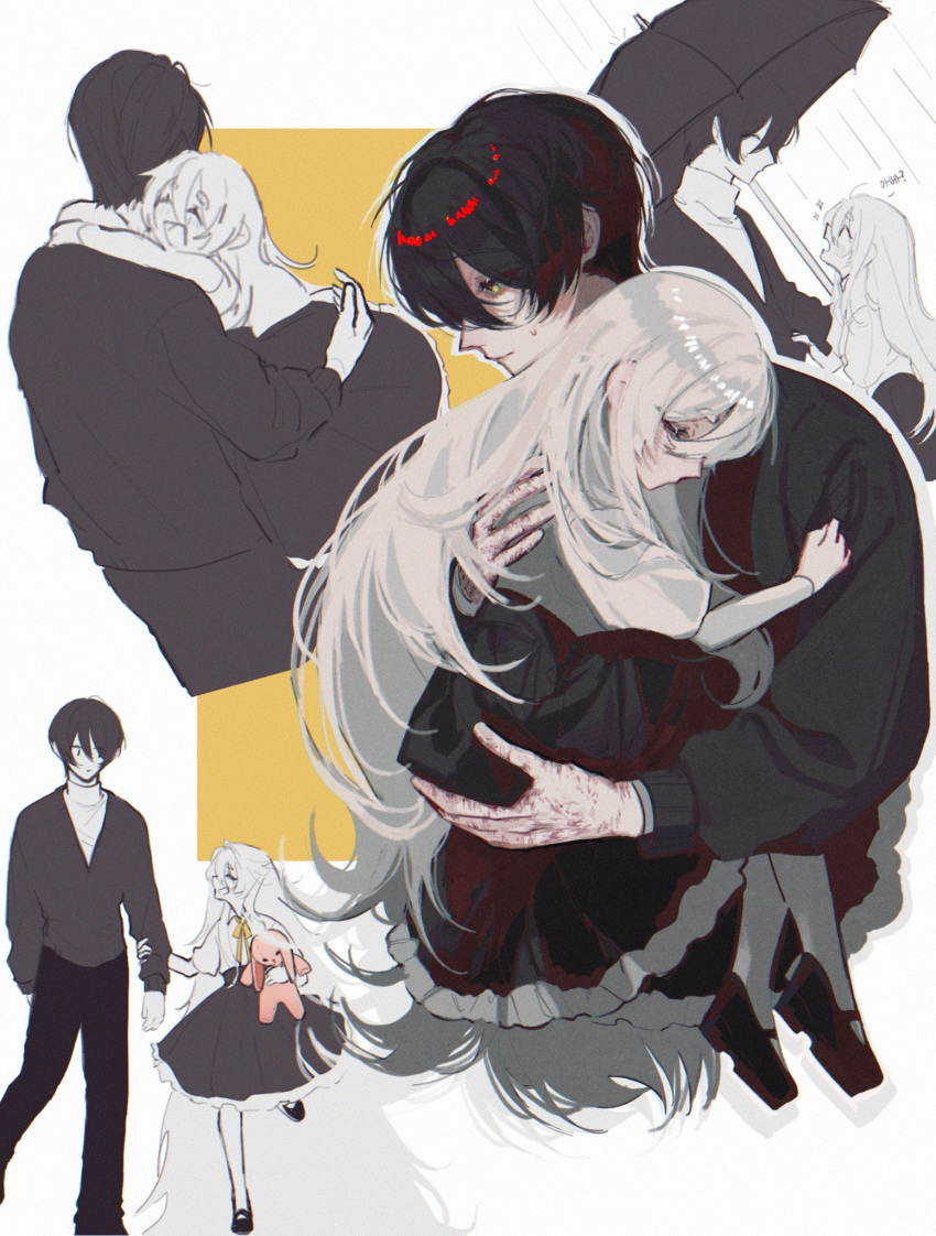 1boy, 1girl, :d, ^_^, black_hair, black_jacket, black_pants, black_shoes, black_skirt, black_umbrella, carrying, carrying_person, charles_eyler, charlotte_wiltshire, closed_eyes, frilled_skirt, frills, hashtag-only_commentary, hello_charlotte, highres, holding_another's_wrist, hug, jacket, lllli0_0illll, long_hair, mary_janes, multiple_views, open_mouth, pants, rain, ribbon, scar, self-harm_scar, shirt, shoes, short_hair, simple_background, skipping, skirt, sleeping, smile, sparkle, stuffed_animal, stuffed_rabbit, stuffed_toy, sweatdrop, thigh-highs, two-tone_background, umbrella, very_long_hair, white_hair, white_shirt, white_thighhighs, white_turtleneck, yellow_eyes, yellow_ribbon