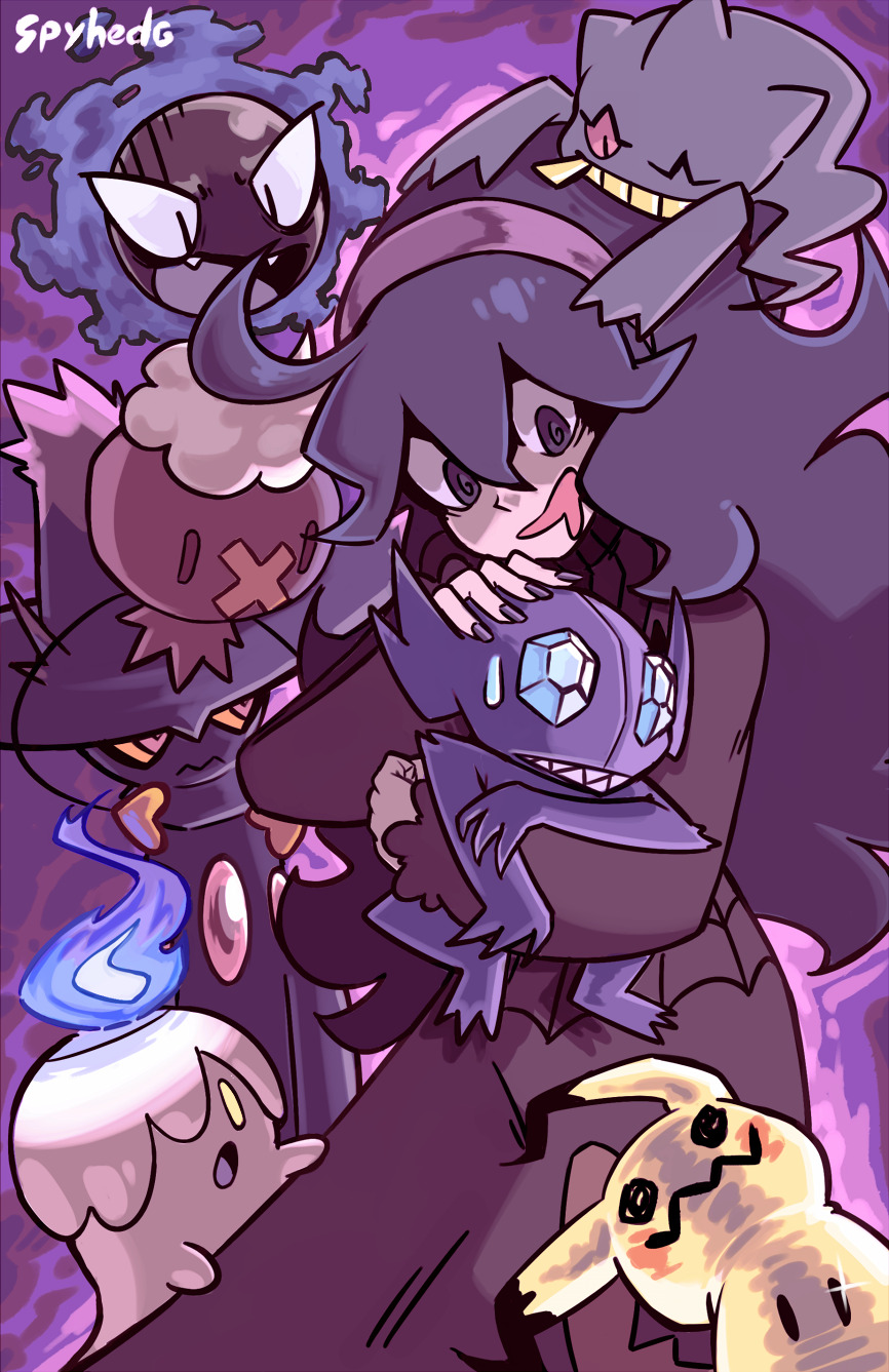 1girl, @_@, banette, black_dress, dress, drifloon, drooling, english_commentary