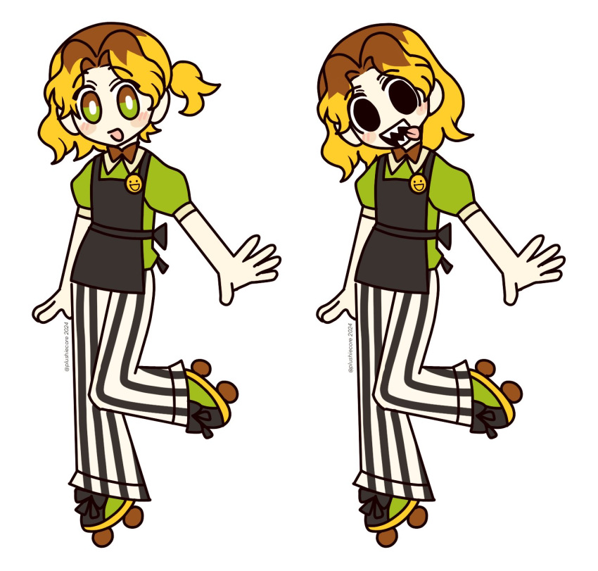 1boy, alternate_costume, androgynous, apron, black_apron, black_eyes, blonde_hair, blush, bow, bowtie, bright_pupils, brown_bow, brown_bowtie, channel_(caststation)_(style), commentary, english_commentary, full_body, green_eyes, green_shirt, highres, looking_at_viewer, male_focus, medium_hair, mesmerizer_(vocaloid), multicolored_hair, multiple_views, open_mouth, parody, plushiecore, po-uta, roller_skates, sharp_teeth, shirt, short_hair, skates, standing, standing_on_one_leg, style_parody, teeth, thick_lineart, tongue, tongue_out, two-tone_hair, vocaloid, wavy_hair, white_background, white_pupils