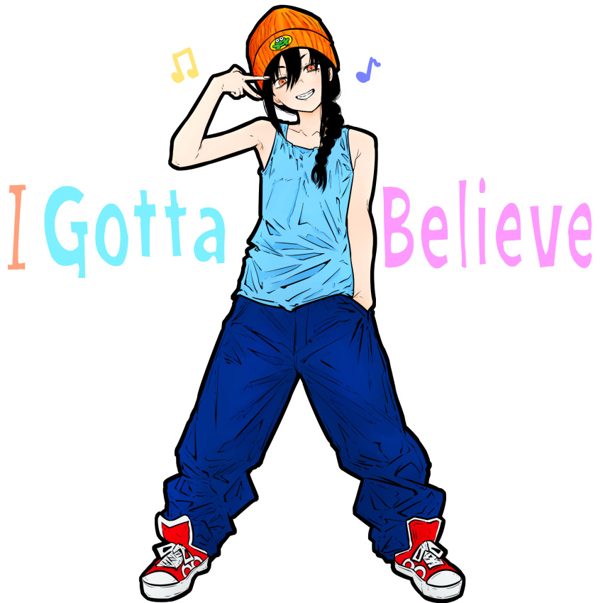 1girl, baggy_pants, beamed_eighth_notes, beanie, black_hair, blue_pants, blue_theme, braid