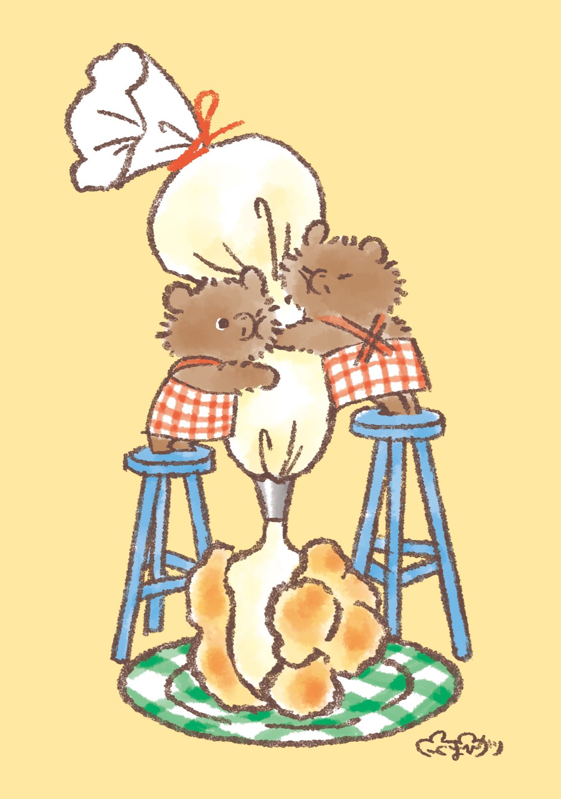 animal, apron, bear, bear_cub, commentary_request, highres, holding, holding_pastry_bag