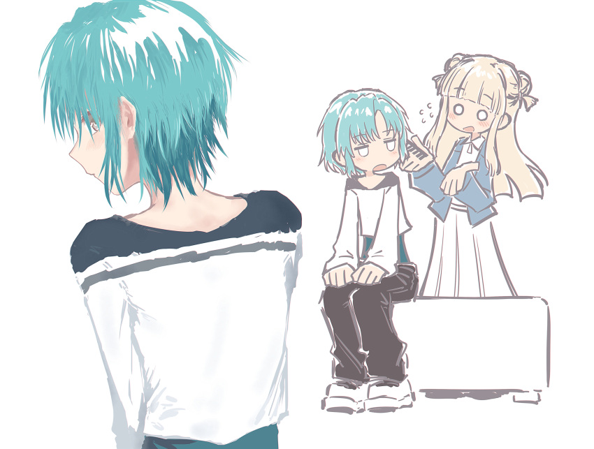 2girls, aqua_hair, black_pants, blue_jacket, blunt_bangs, blush, collared_dress, comb