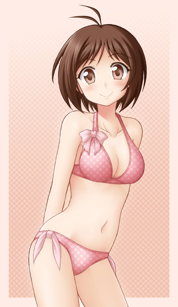 breasts, brown_eyes, brown_hair, cleavage, halterneck, hidaka_ai, idolmaster, midriff