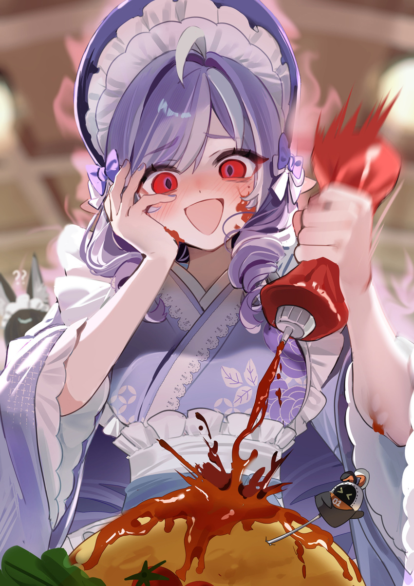 1girl, :d, ?, ??, ahoge, alternate_costume, bangboo_(zenless_zone_zero), bonnet