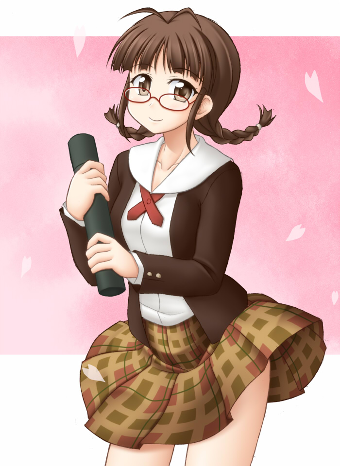 akizuki_ritsuko, braid, brown_eyes, brown_hair, diploma, glasses, graduation, idolmaster