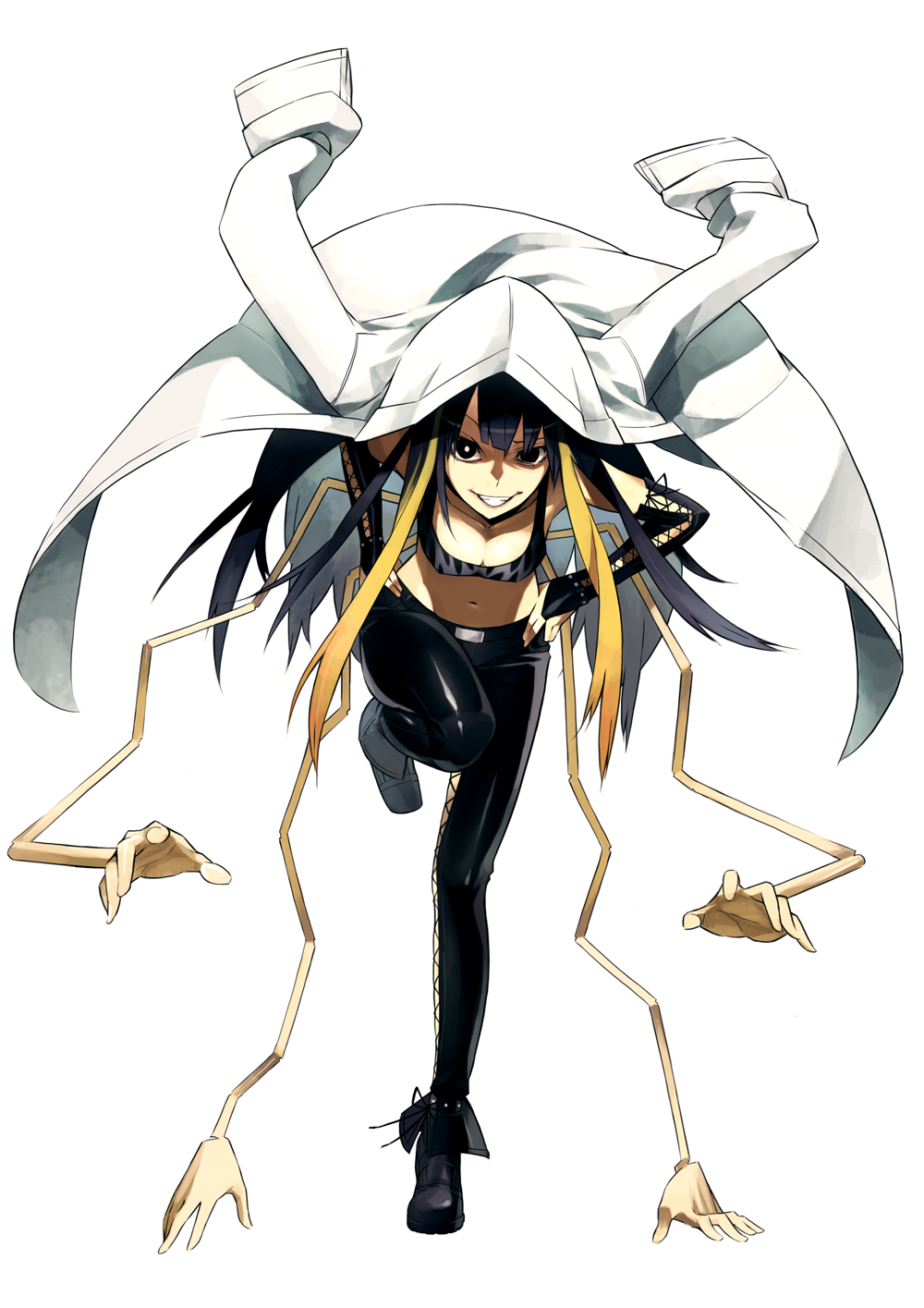 black_eyes, breasts, cleavage, extra_arms, fingerless_gloves, gloves, gradient_hair, grin
