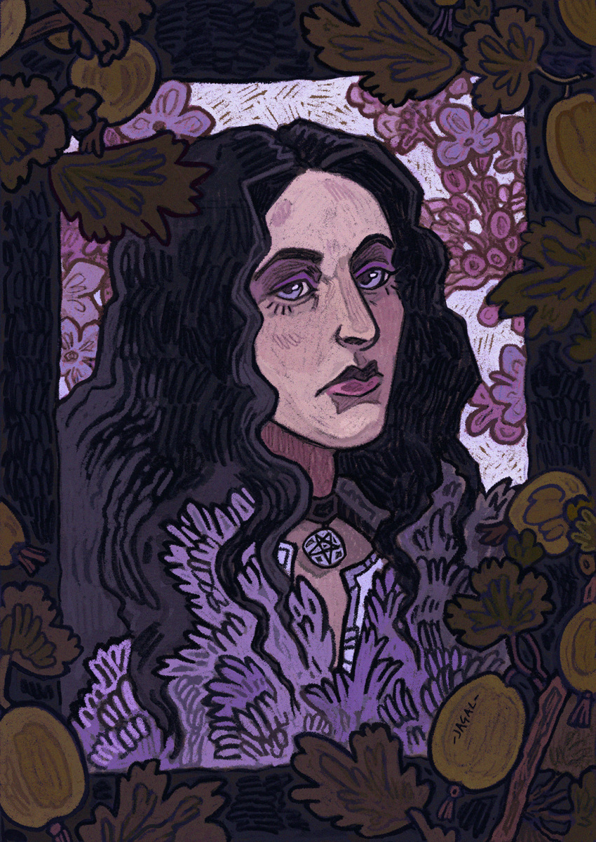 1girl, black_choker, black_hair, choker, commentary, english_commentary, highres, jagalart, leaf, long_hair, looking_at_viewer, portrait, solo, the_witcher_(series), the_witcher_3, violet_eyes, yennefer_of_vengerberg