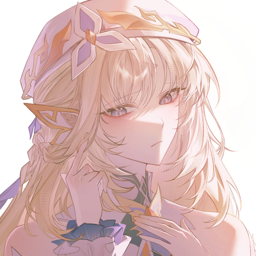 1girl, bare_shoulders, beret, blonde_hair, blue_eyes, commentary_request, ear_ornament, facial_mark