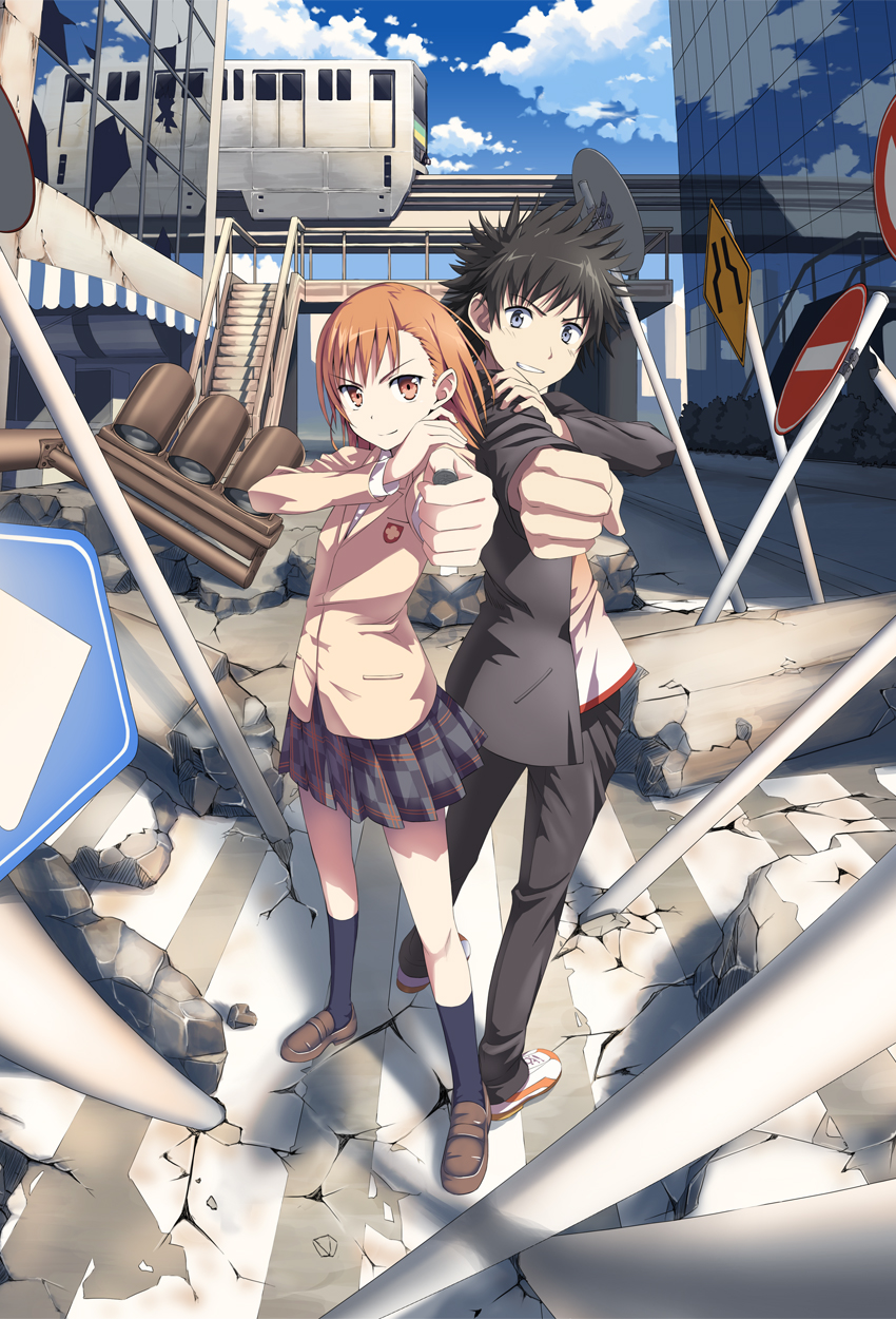 1girl, black_hair, blazer, brown_hair, chihaya_72, coin, couple, highres, kamijou_touma, misaka_mikoto, road_sign, school_uniform, short_hair, sign, skirt, smile, spiked_hair, spiky_hair, stop_sign, to_aru_majutsu_no_index, traffic_light, train