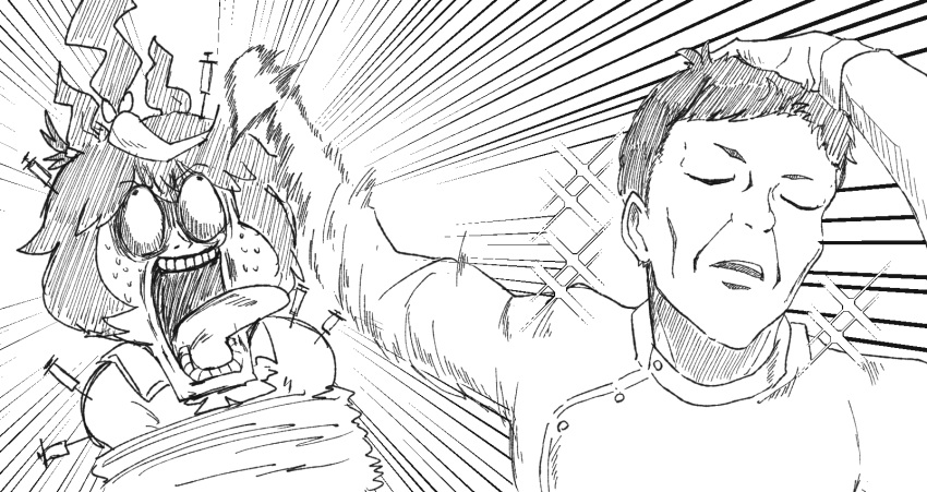 1boy, 1girl, animal_ears, boneless_ham_(bombombakon), closed_eyes, commentary_request, emphasis_lines, hair_ornament