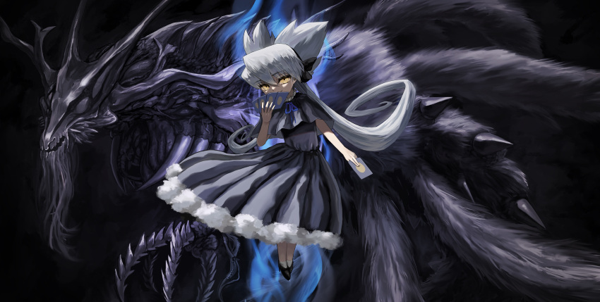 1girl, absurdres, black_dress, black_ribbon, black_shoes, blue_aura, card, dragon