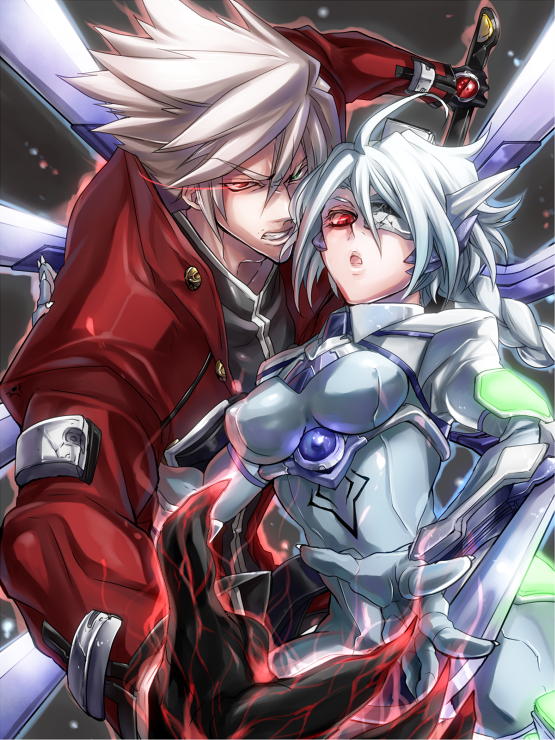 1girl, :o, angry, blazblue, bodysuit, braid, breasts, clenched_teeth, coat, gloves, green_eyes, heterochromia, kaneaki_mukku, long_hair, mecha_musume, mukku_kane_aki, nu-13, open_mouth, ragna_the_bloodedge, red_eyes, ryugainoana, spiked_hair, spiky_hair, white_hair
