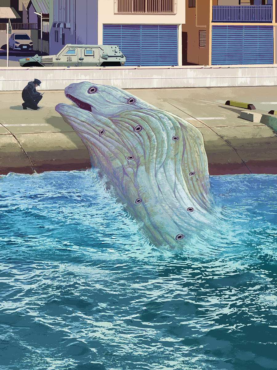 1boy, animal, animal_focus, beached, commentary_request, day, fish, highres
