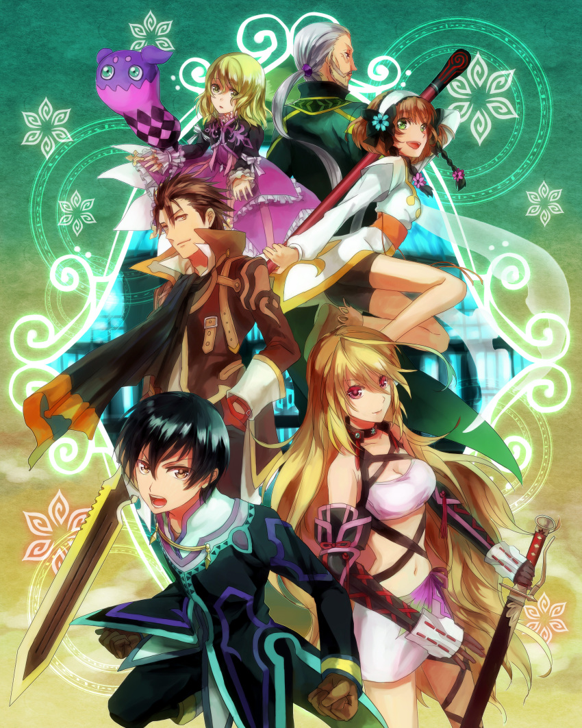 3girls, absurdres, ahoge, alvin_(tales_of_xillia), bike_shorts, black_hair, blonde_hair, bow