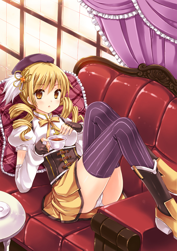 beret, blonde_hair, boots, corset, couch, cup, detached_sleeves, drill_hair