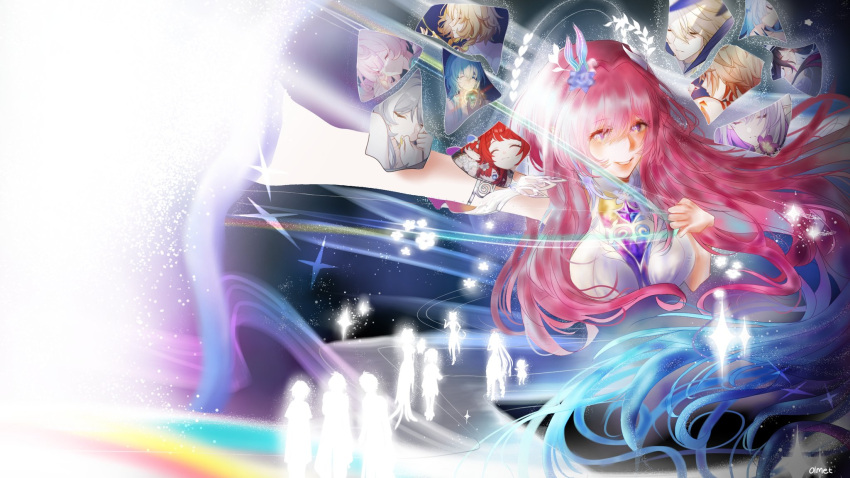 3boys, 6+girls, aglaea_(honkai:_star_rail), amphoreus_(honkai:_star_rail), anaxa_(honkai:_star_rail), blonde_hair, blue_hair, breasts