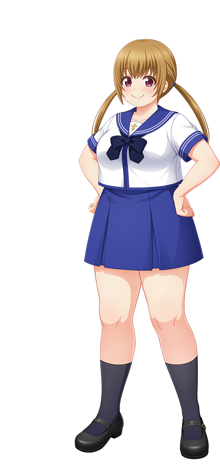 1girl, artist_request, black_shoes, black_socks, blue_bow, blue_bowtie, blue_sailor_collar, blue_skirt