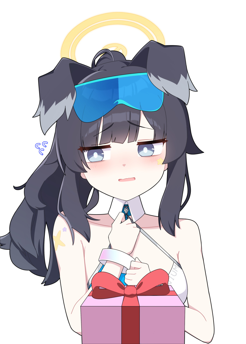 1girl, absurdres, animal_ears, black_hair, blue_archive, blue_eyes, blush, box