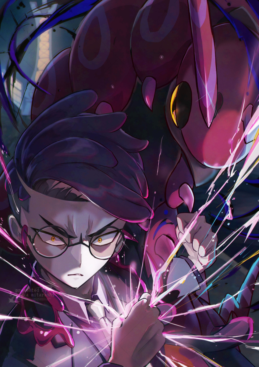 1boy, antennae, ayaka_mitarashi, black-framed_eyewear, black_jacket, bug, centipede, closed_mouth
