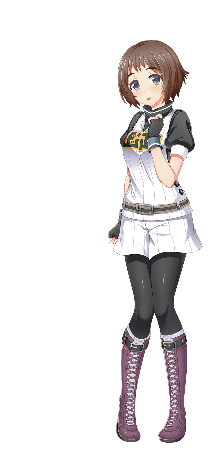 1girl, artist_request, baseball_uniform, belt, black_belt, black_eyes, black_gloves, black_pantyhose