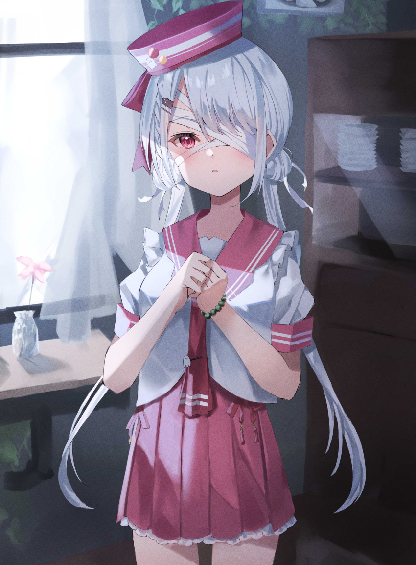 1girl, absurdres, arched_back, bandage_over_one_eye, bandaged_head, bandages, braid, breasts