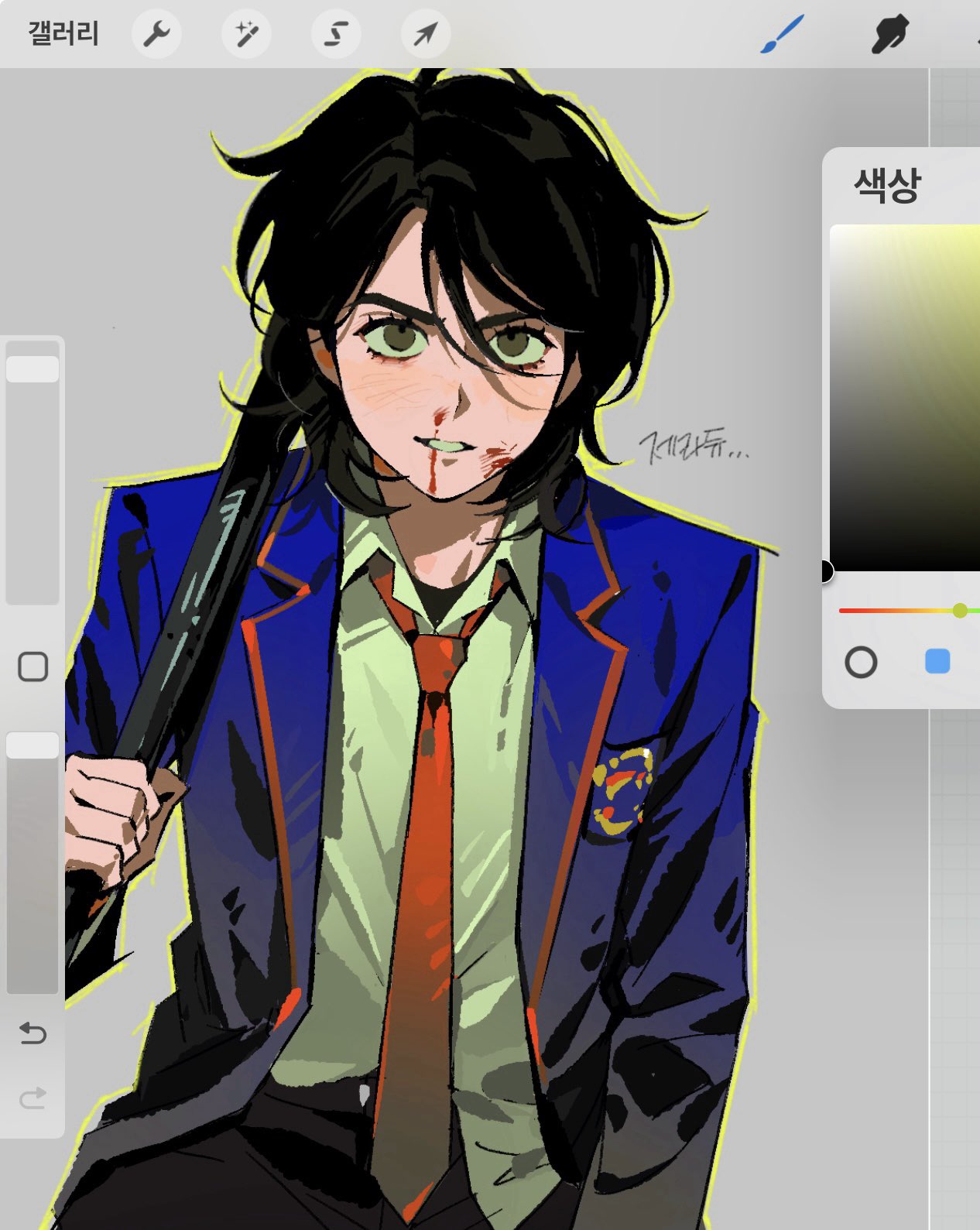 1boy, animification, art_program_in_frame, baseball_bat, black_hair, black_pants, blazer, blood
