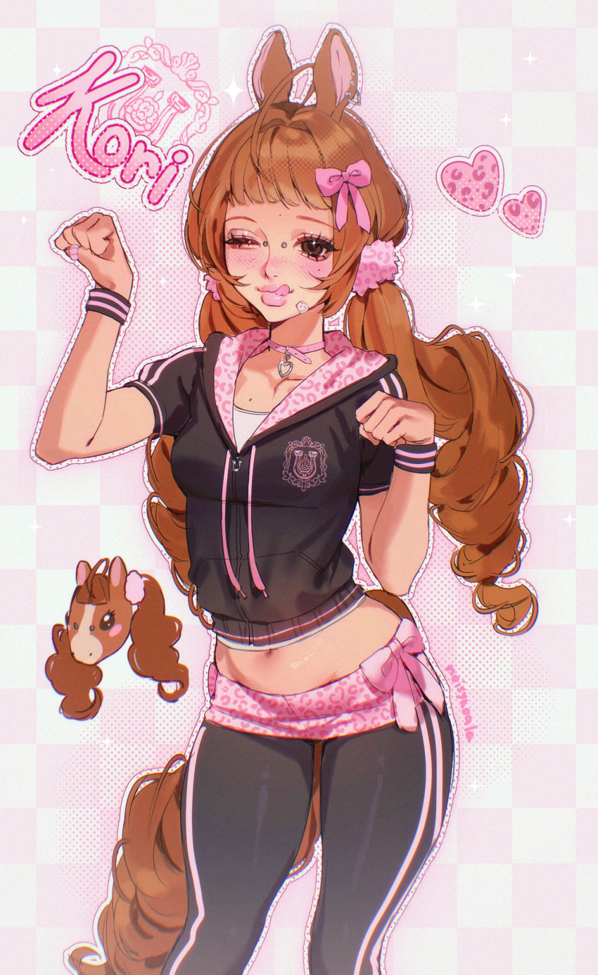 1girl, ;q, absurdres, aegyo_sal, ahoge, animal_ear_piercing, animal_ears, animal_print, bandaid, bandaid_on_face, bandaid_on_finger, bandaid_on_hand, belt_collar, black_hoodie, black_leggings, blunt_bangs, blush, bow, bridge_piercing, brown_eyes, character_name, checkered_background, chibi, chibi_inset, chromatic_aberration, closed_mouth, collar, commentary, cowboy_shot, cropped_hoodie, double_vertical_stripe, drill_hair, earrings, english_commentary, eyelashes, face_piercing, film_grain, flipped_sidelocks, freckles, fur_hair_tie, hair_bow, hair_intakes, hair_ornament, hair_scrunchie, hair_tie, halftone, halftone_background, heart, heart_collar, heart_earrings, highres, hood, hoodie, horse_ears, horse_girl, horse_tail, inward_flipped_hair, jewelry, leggings, leopard_print, light_smile, lipstick, long_hair, looking_at_viewer, low_twintails, makeup, midriff, mole, mole_on_chest, mole_on_forehead, mole_under_eye, navel, noisykoala, one_eye_closed, original, outline, pants, pants_under_skirt, partially_unzipped, paw_pose, piercing, pink_background, pink_bow, pink_collar, pink_lips, pink_skirt, pink_theme, polka_dot_outline, print_hoodie, print_scrunchie, puffy_short_sleeves, puffy_sleeves, scrunchie, shirt, shirt_under_shirt, short_bangs, short_sleeves, silver_piercing, skirt, skirt_bow, sparkle_background, sportswear, stomach, striped_bracelet, striped_clothes, striped_hoodie, striped_leggings, tail, tongue, tongue_out, twin_drills, twintails, two-sided_hoodie, two-tone_background, white_background, white_outline, white_shirt, zipper