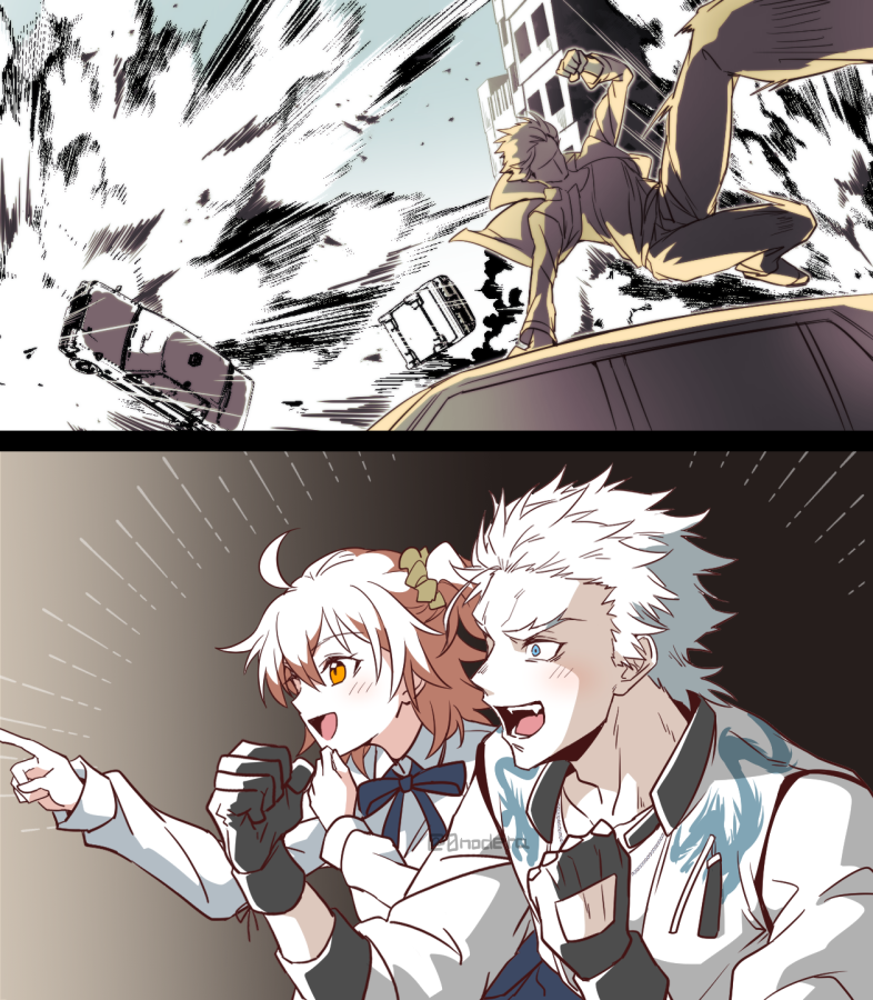 0nodera, 1boy, 1girl, ahoge, blue_ribbon, clenched_hands, explosion, fate/grand_order