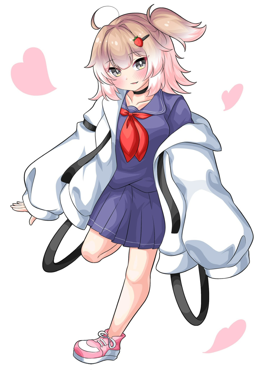 1girl, ahoge, black_choker, black_straps, blonde_hair, blue_shirt, blue_skirt, blush, choker, collarbone, commentary_request, fang, food-themed_hair_ornament, gradient_hair, grey_eyes, hair_ornament, hairpin, heart, highres, ichigo_(g6rzs_ichigo), ichigo_(g6rzs_ichigo)_(character), jacket, leg_up, long_sleeves, looking_at_viewer, medium_hair, multicolored_hair, neckerchief, one_side_up, open_mouth, original, pink_shoes, pleated_skirt, puffy_long_sleeves, puffy_sleeves, red_neckerchief, school_uniform, serafuku, shirt, shoes, simple_background, skirt, sleeves_past_wrists, smile, sneakers, solo, strawberry_hair_ornament, white_background, white_hair, white_jacket, white_shoes