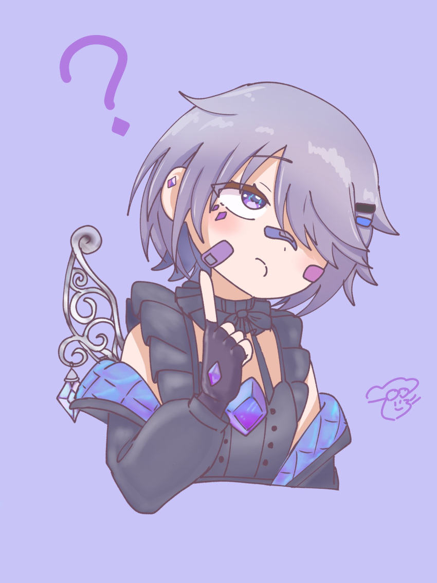 1girl, ?, artist_logo, bandaid, bandaid_on_face, bandaid_on_nose, black_dress, black_gloves