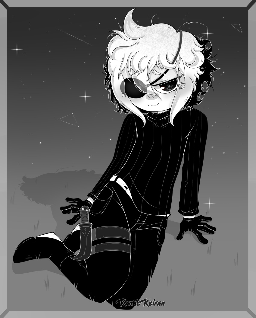 absurdres, covered_face, eyepatch, greyscale, highres, in_stars_and_time, kaotickeiran, monochrome