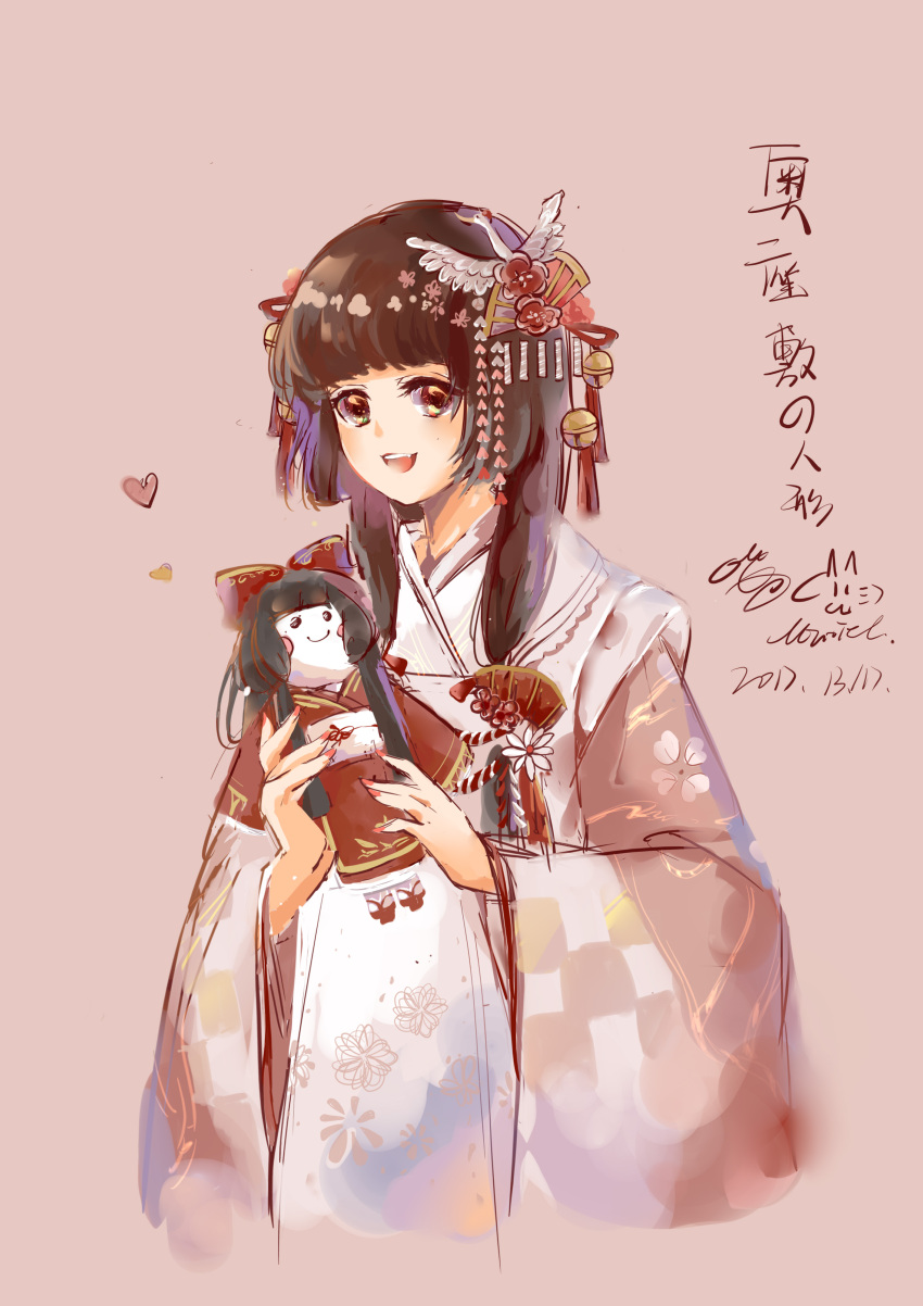 1girl, absurdres, apron, bell, bird, bird_hair_ornament, blunt_bangs, brown_eyes