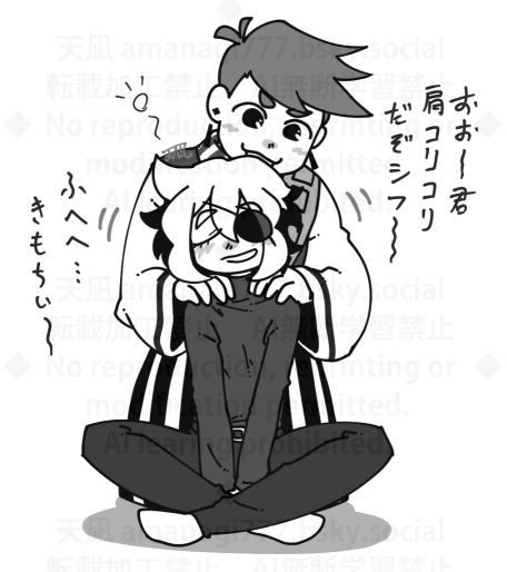 2boys, covered_face, earrings, eyepatch, greyscale, holding_another's_arm, in_stars_and_time, isabeau_(in_stars_and_time)