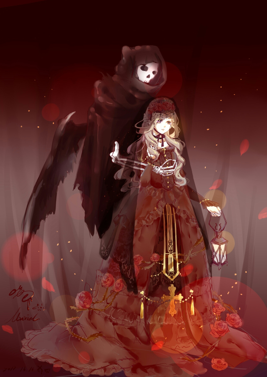 1girl, asymmetrical_sidelocks, black_rose_(miracle_nikki), black_veil, blonde_hair, bow, bowtie, brown_eyes