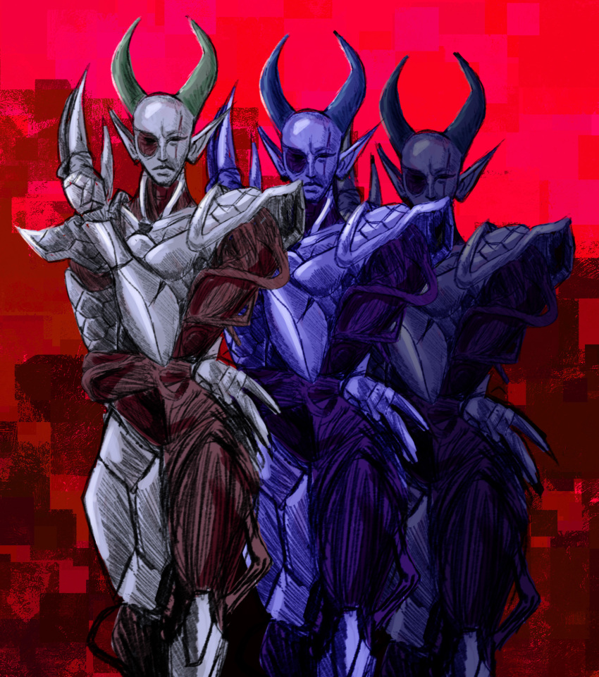 1boy, 2022, armor, claws, clone, closed_mouth, commentary, demon_horns