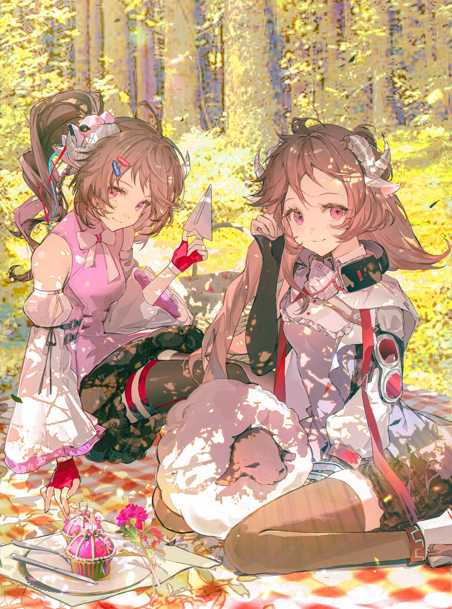 ardelia_(arknights), arknights, arknights:_endfield, brown_hair, brown_thighhighs, commentary, cupcake, detached_sleeves, dress, dual_persona, eyjafjalla_(arknights), fingerless_gloves, food, forest, gloves, goat_girl, goat_horns, headphones, headphones_around_neck, highres, horns, jacket, kuren_kren, long_hair, mask, nature, picnic, picnic_blanket, pink_dress, red_eyes, red_gloves, respirator, sheep, side_ponytail, sitting, smile, symbol-only_commentary, thigh-highs, thigh_strap, unworn_mask, white_jacket, white_sleeves, yokozuwari