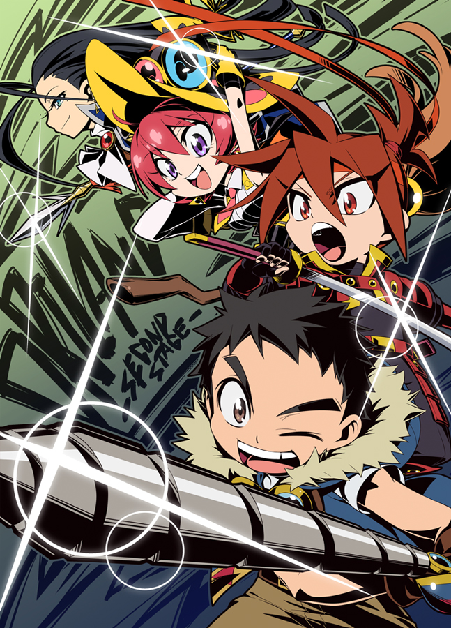 1girl, 3boys, black_hair, broom, broom_riding, commentary_request, eyewear_on_headwear, feylin