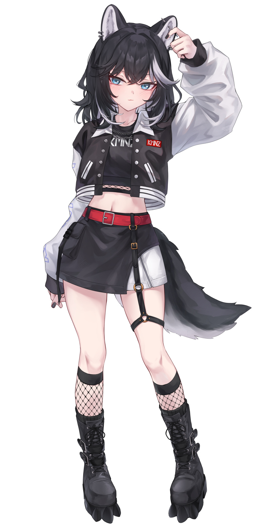 1girl, absurdres, animal_ear_piercing, animal_ears, belt, black_boots, black_hair, black_jacket