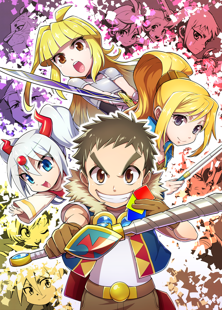 4girls, 6+boys, blue_jacket, brown_gloves, commentary_request, feylin, fur-trimmed_jacket, fur_trim