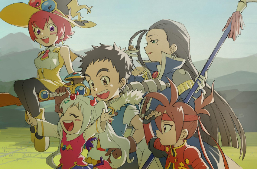 2girls, 3boys, black_pantyhose, broom, broom_riding, brown_eyes, brown_gloves, commentary_request