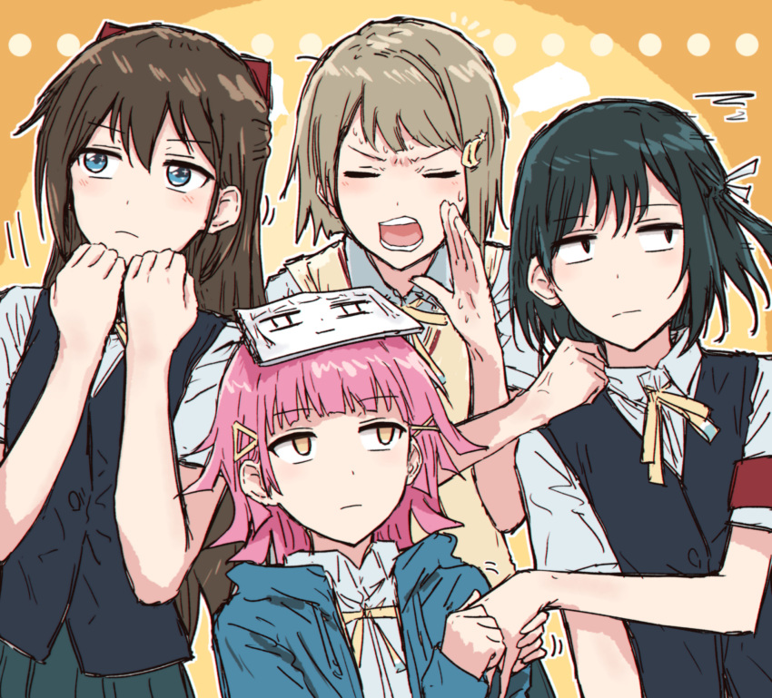 4girls, black_hair, black_vest, blue_eyes, blue_jacket, bow, brown_hair, closed_eyes, closed_mouth, commentary_request, crescent, crescent_hair_ornament, expressionless, frown, hair_bow, hair_ornament, half_updo, hand_massage, highres, hood, hooded_jacket, jacket, jitome, light_frown, long_sleeves, looking_at_another, love_live!, love_live!_nijigasaki_high_school_idol_club, mifune_shioriko, multiple_girls, nakasu_kasumi, neck_ribbon, nervous_sweating, nijigasaki_1st_years, object_on_head, open_clothes, open_jacket, open_mouth, osaka_shizuku, red_bow, ribbon, rina-chan_board, short_hair, sketchbook, star_(symbol), star_hair_ornament, sweat, sweater_vest, teeth, tennoji_rina, v-shaped_eyebrows, vest, yellow_eyes, yellow_ribbon, yellow_sweater_vest, yukitake_(bullfalk)