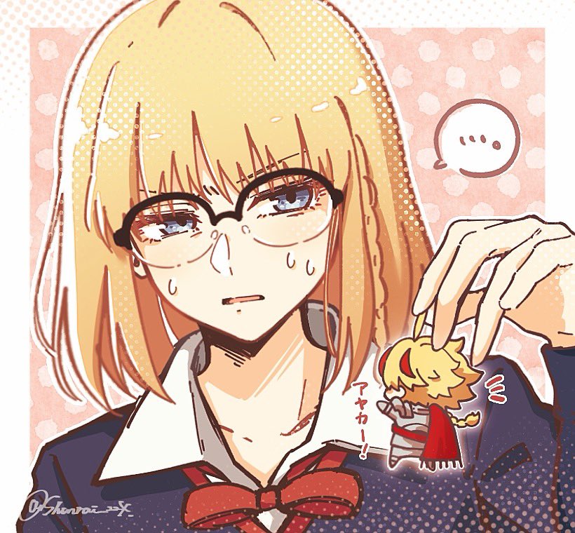 ..., 1boy, 1girl, ahoge, armor, blonde_hair, blue_eyes, braid, cape, chibi, commentary_request, fate/strange_fake, fate_(series), glasses, holding, holding_mini_person, mini_person, multicolored_hair, open_mouth, red_hair, richard_i_(fate), sajou_ayaka_(fate/strange_fake), shunrai_224, speech_bubble, spoken_ellipsis, streaked_hair, sweatdrop