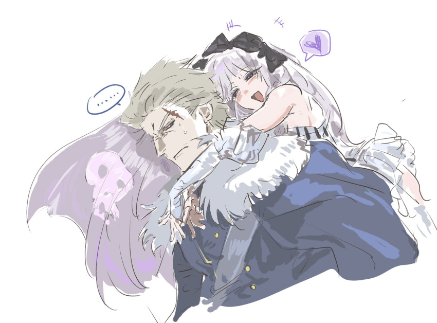 +++, ..., 1boy, 1girl, bare_shoulders, blonde_hair, blue_cape, bone_print