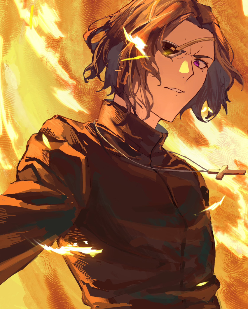 1boy, brown_hair, commentary_request, cross, cross_necklace, eyepatch, fate/strange_fake, fate_(series)