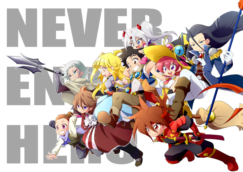 armor, armpits, ascot, blonde_hair, blue_coat, blue_dress, brooch, broom